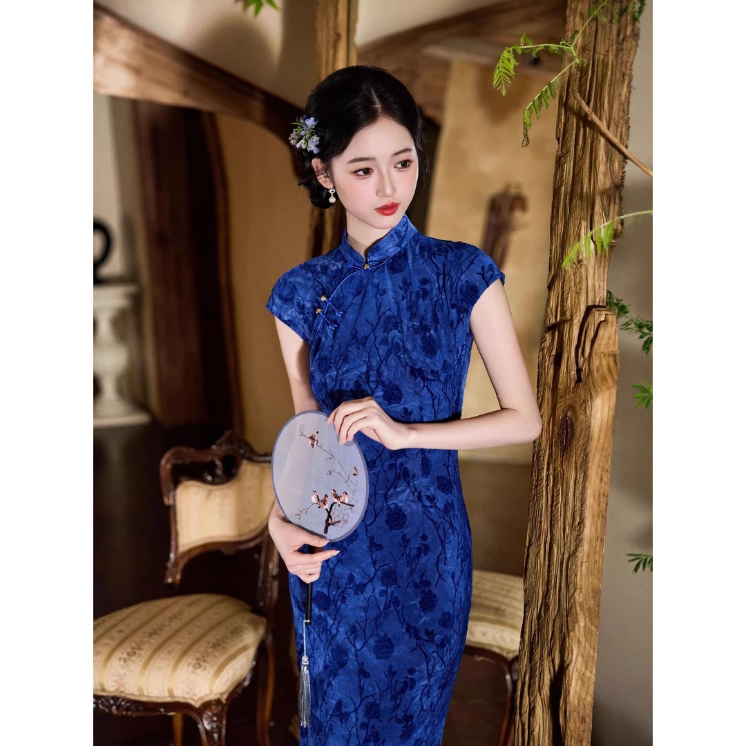 夏季新款旗袍藏蓝色老上海民国风长款中式旗袍改良年轻款旗袍
