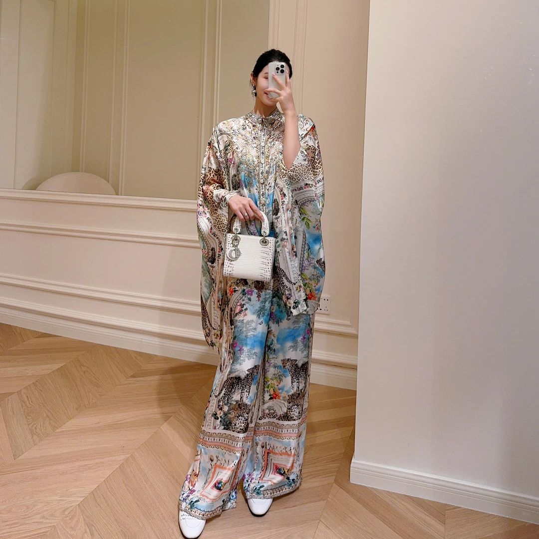 嫚渡100%桑蚕丝波西米亚度假风松紧腰抽绳夏季真丝休闲女款直筒裤