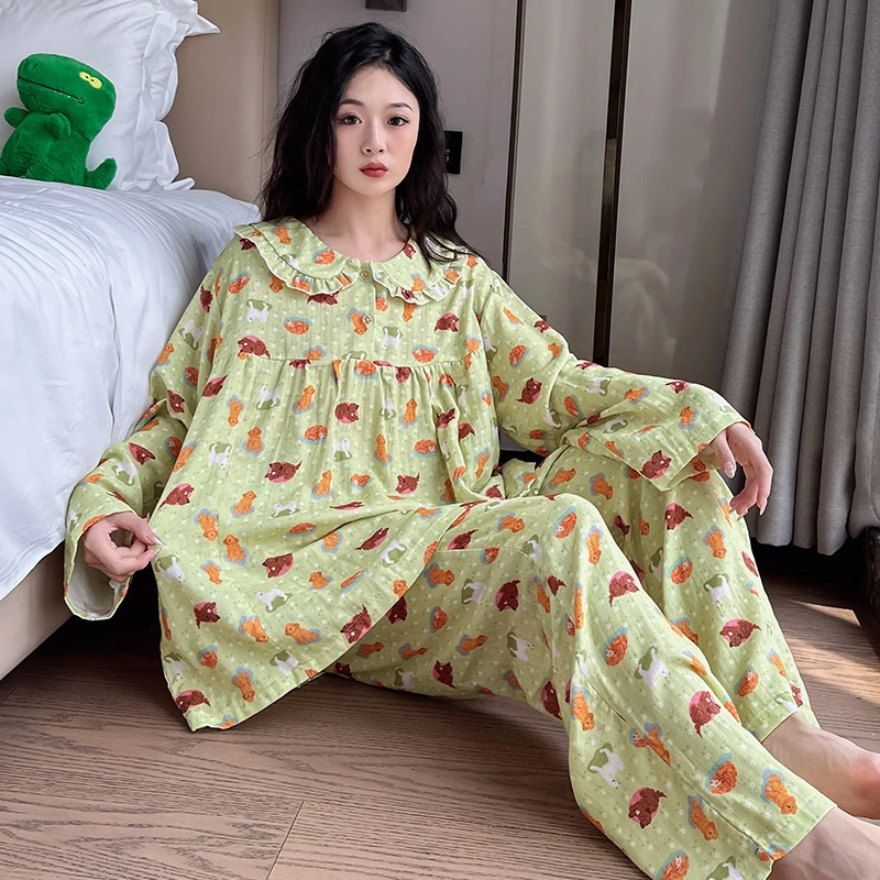 春秋女大码纯棉睡衣薄款休闲家居服长袖长裤套装卡通休闲两件套