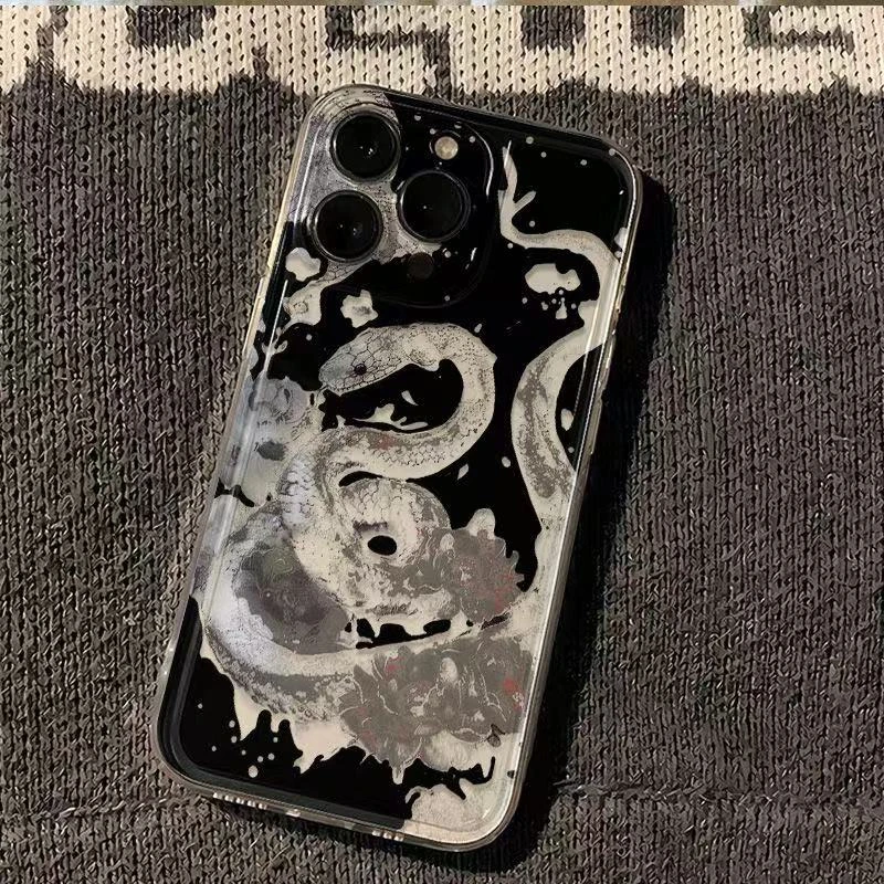 黑银蛇适用苹果16PROMAX手机壳iPhone15小众13简约14软壳透明