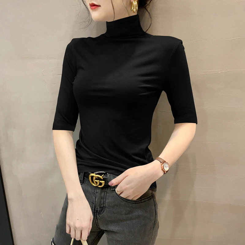 莫代尔高领中袖打底衫女内搭2025新款修身内搭五分袖黑色洋气上衣