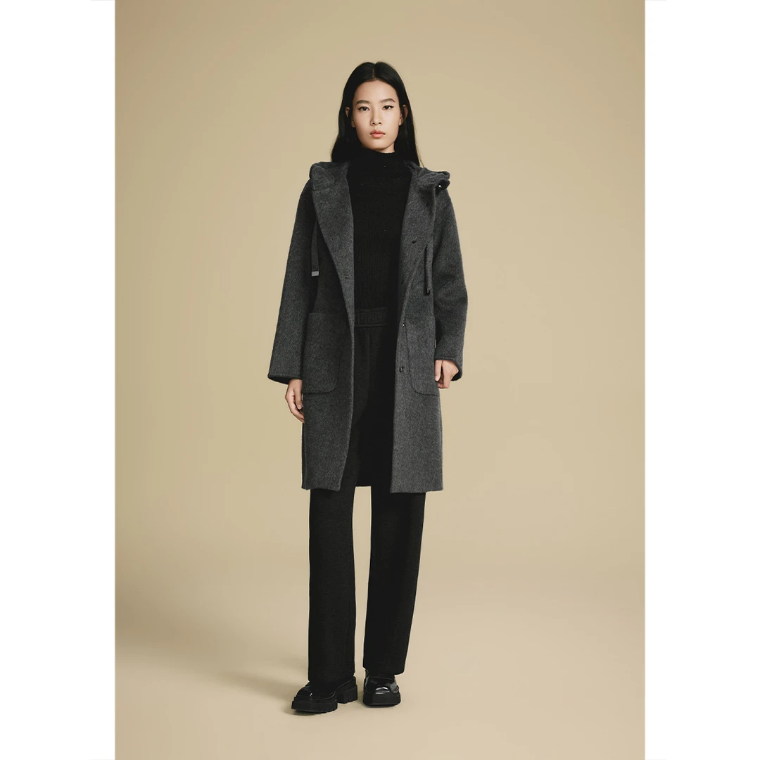 诗篇专选冬季新款真两件毛呢外套+充绒内胆大衣6C65580013