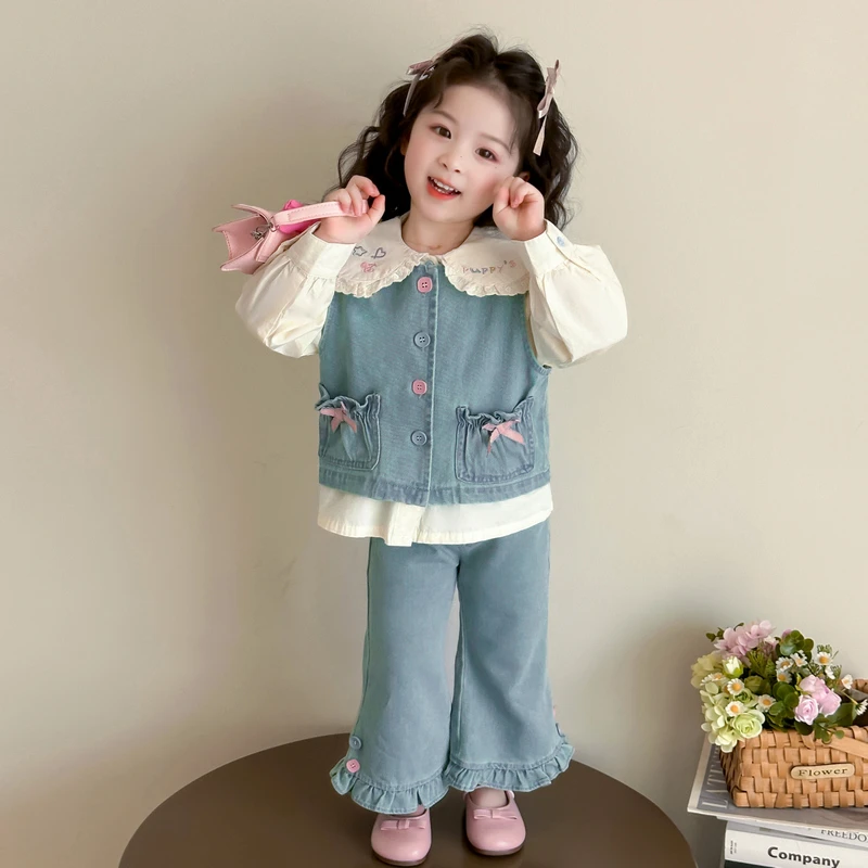 女童娃娃领春秋季套装韩版女宝宝牛仔马甲三件套春款2025新款时髦