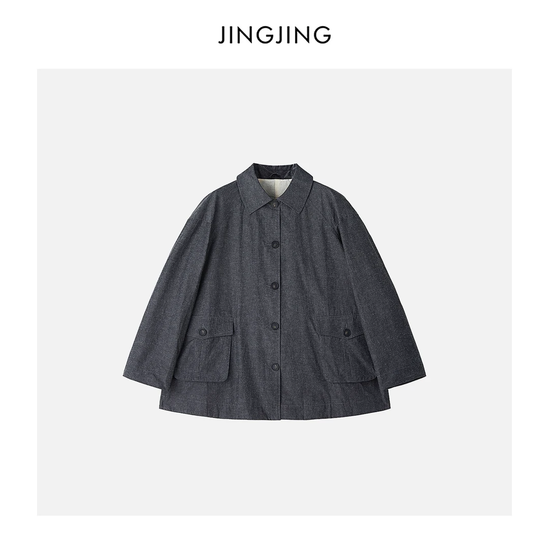 JINGJING2025新款“暖核系统”长绒棉亚麻双口袋翻领保暖厚外套