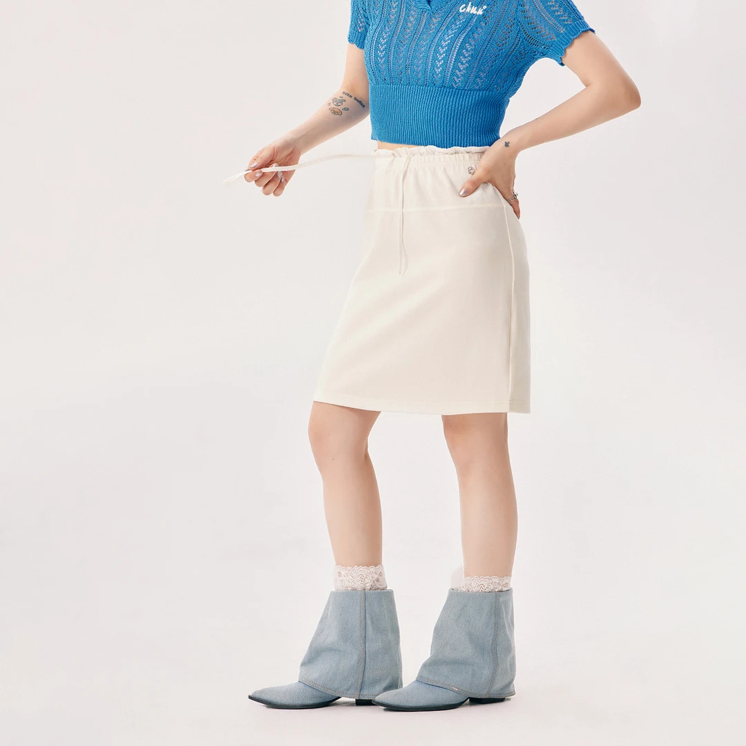 CHUU夏季女装高腰抽绳设计A字学院风穿搭辣妹韩系个性半身裙