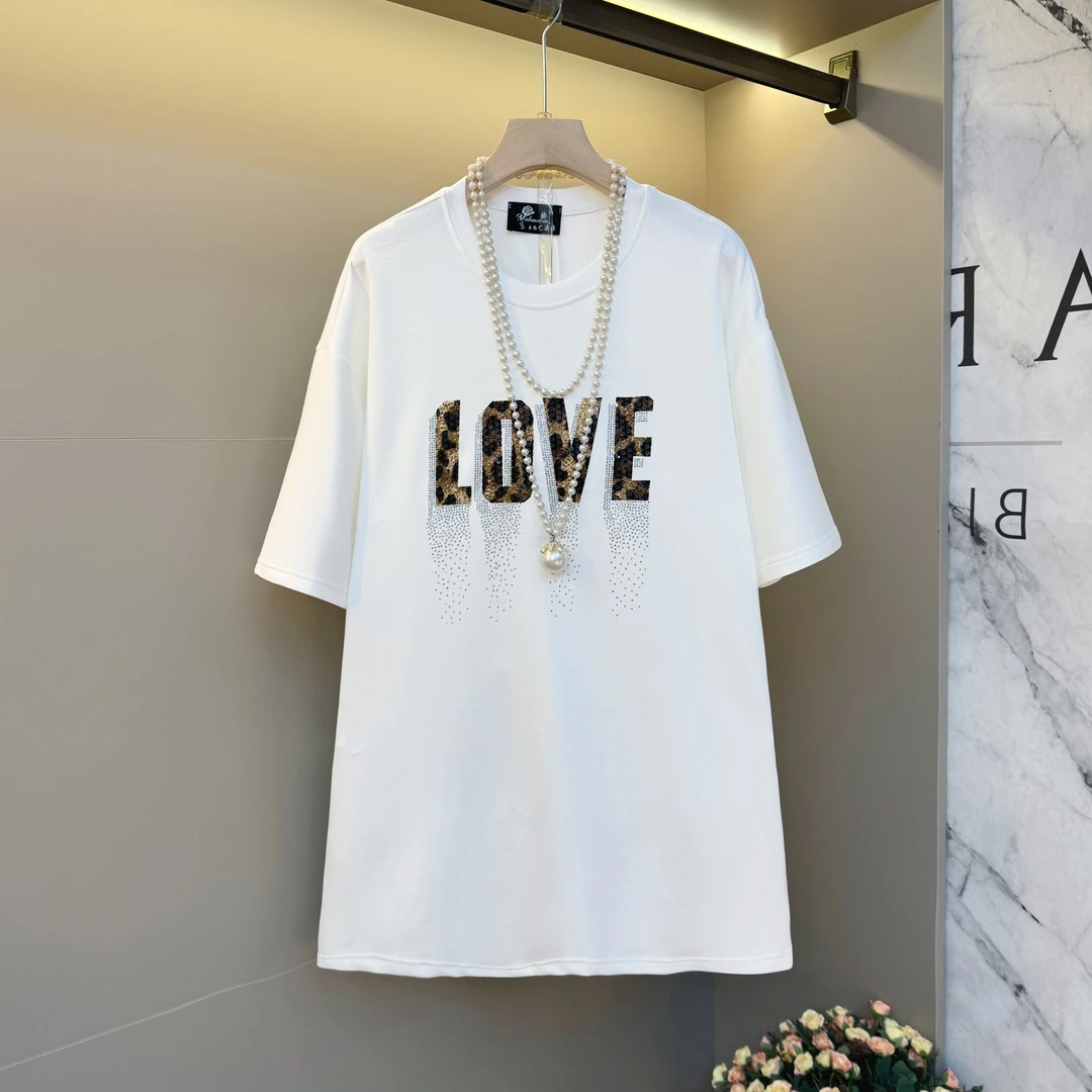 2025夏季新款大码女重工烫钻豹纹图案短袖T恤宽松遮肉中长款上衣