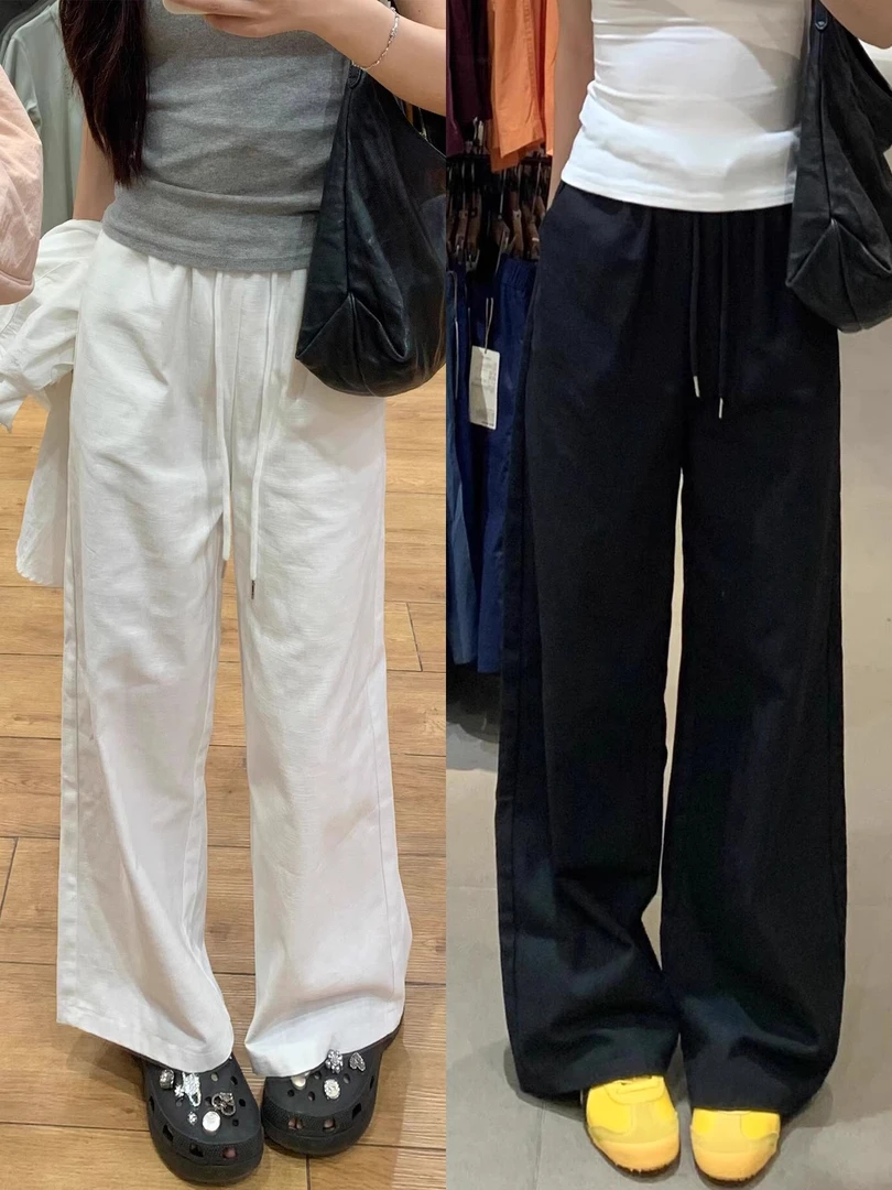 白色抽绳阔腿裤女夏季新款大码胖mm显瘦宽松遮胯直筒窄版休闲裤子