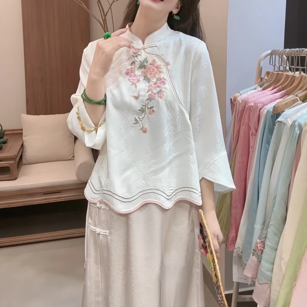 『蝶家』新中式重工提花刺绣立领珠扣复古上衣9855气质中国风绣花