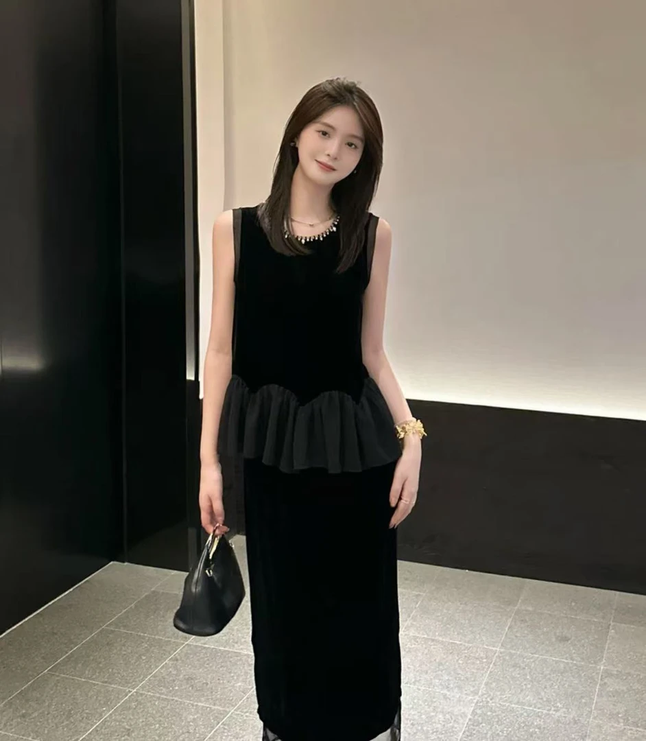 LINGAN林感R123197W收腰拼接打底无袖上衣直筒气质半身裙时尚套装