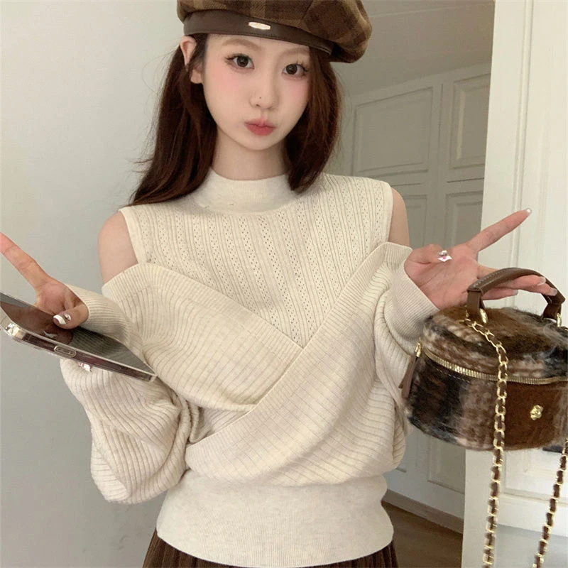 半高领露肩毛衣打底衫女秋冬季洋气减龄修身风衣内搭韩版挖肩上衣