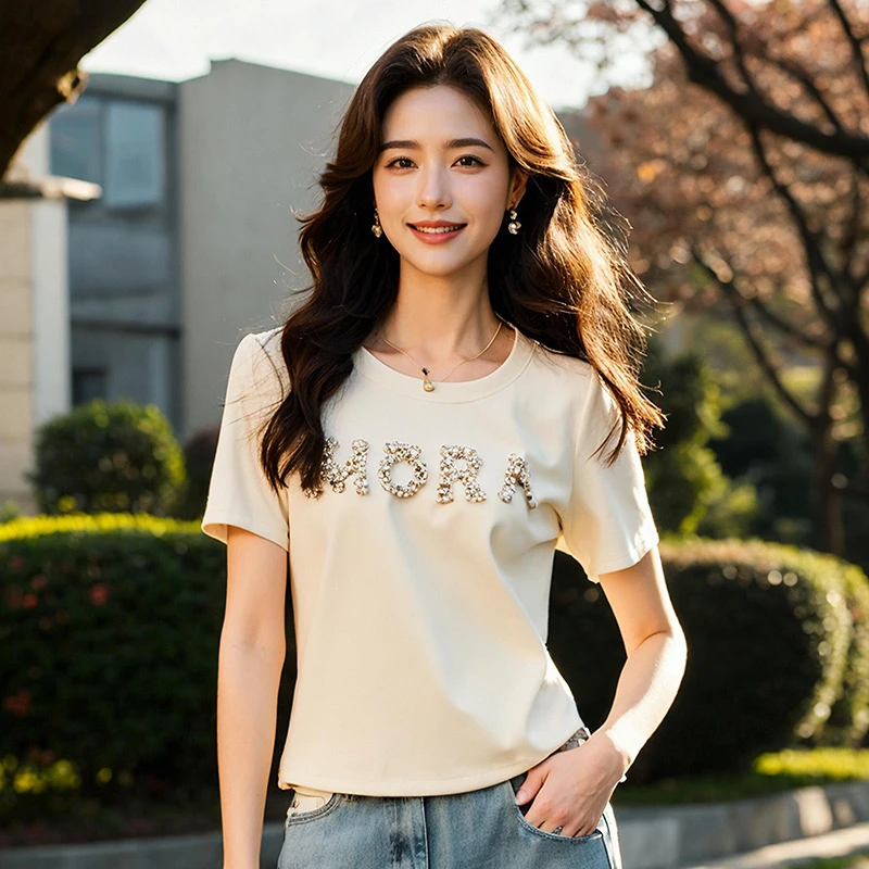 奢姿大码女装2025夏季别致波西米亚风T恤胖妹妹字母贴布绣花上衣