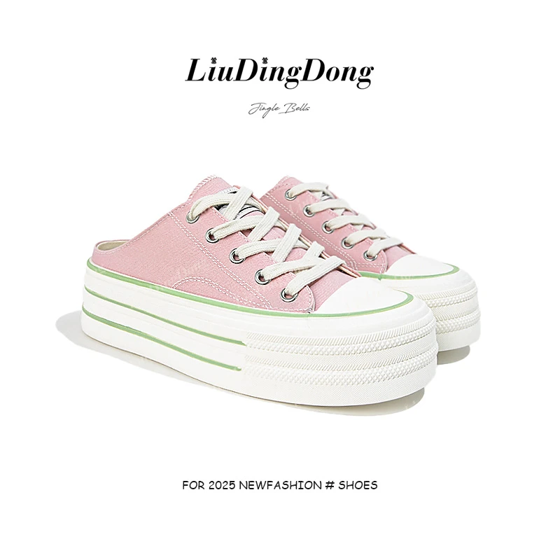 【刘叮咚女鞋】厚底松糕简约帆布小白鞋女半托休闲板鞋2996
