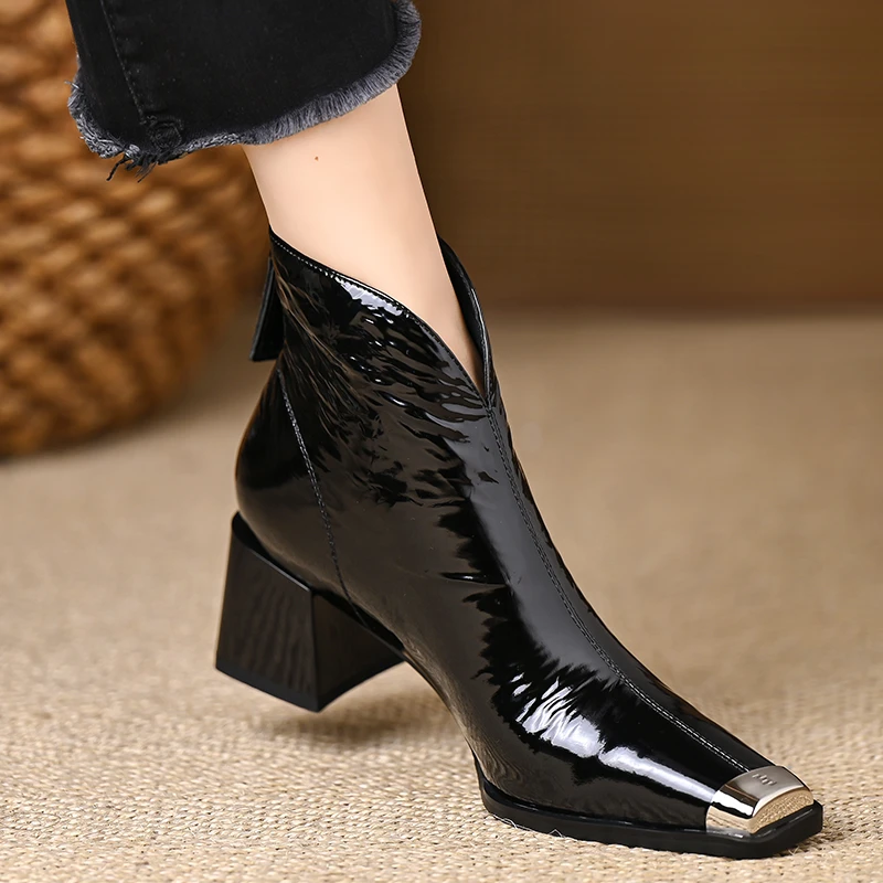 漆皮高跟短筒时装靴子5.5cm牛皮法式复古方头粗跟短靴女春秋单靴