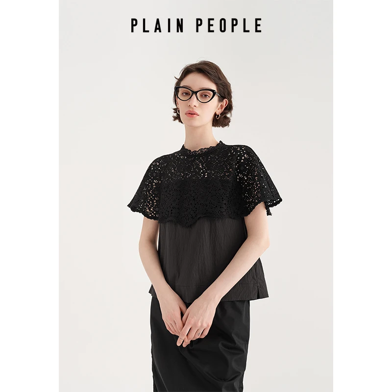 PLAIN PEOPLE法式千金镂空蕾丝斗篷式拼接上衣女装2025年夏季新款