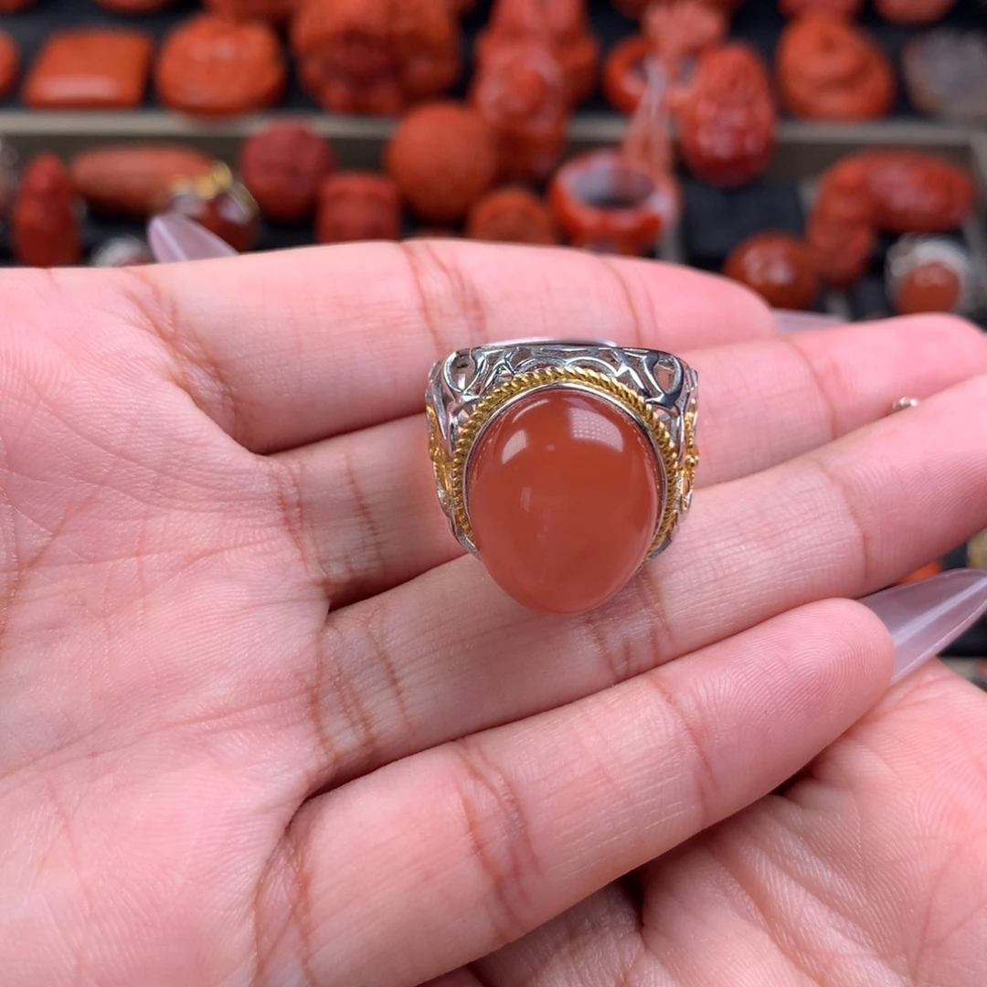 南红玛瑙戒指银S925镶嵌