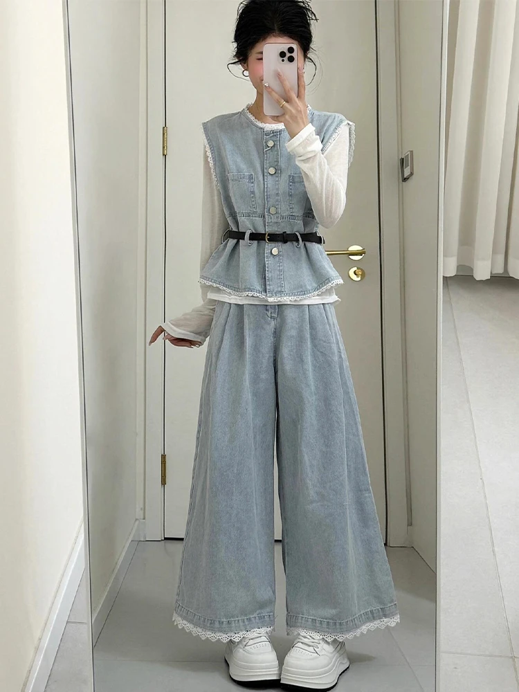 2025春夏新款高级感牛仔套装女长袖打底蕾丝拼接马甲阔腿裤三件套