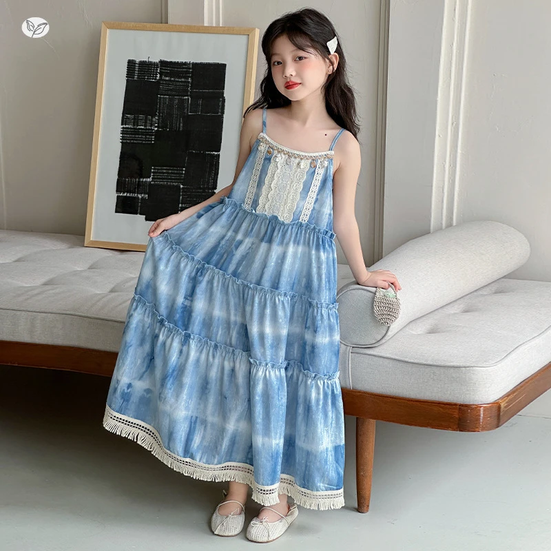 亲子女童蕾丝花边非遗扎染吊带中大童2025新款沙滩裙春夏秋内搭