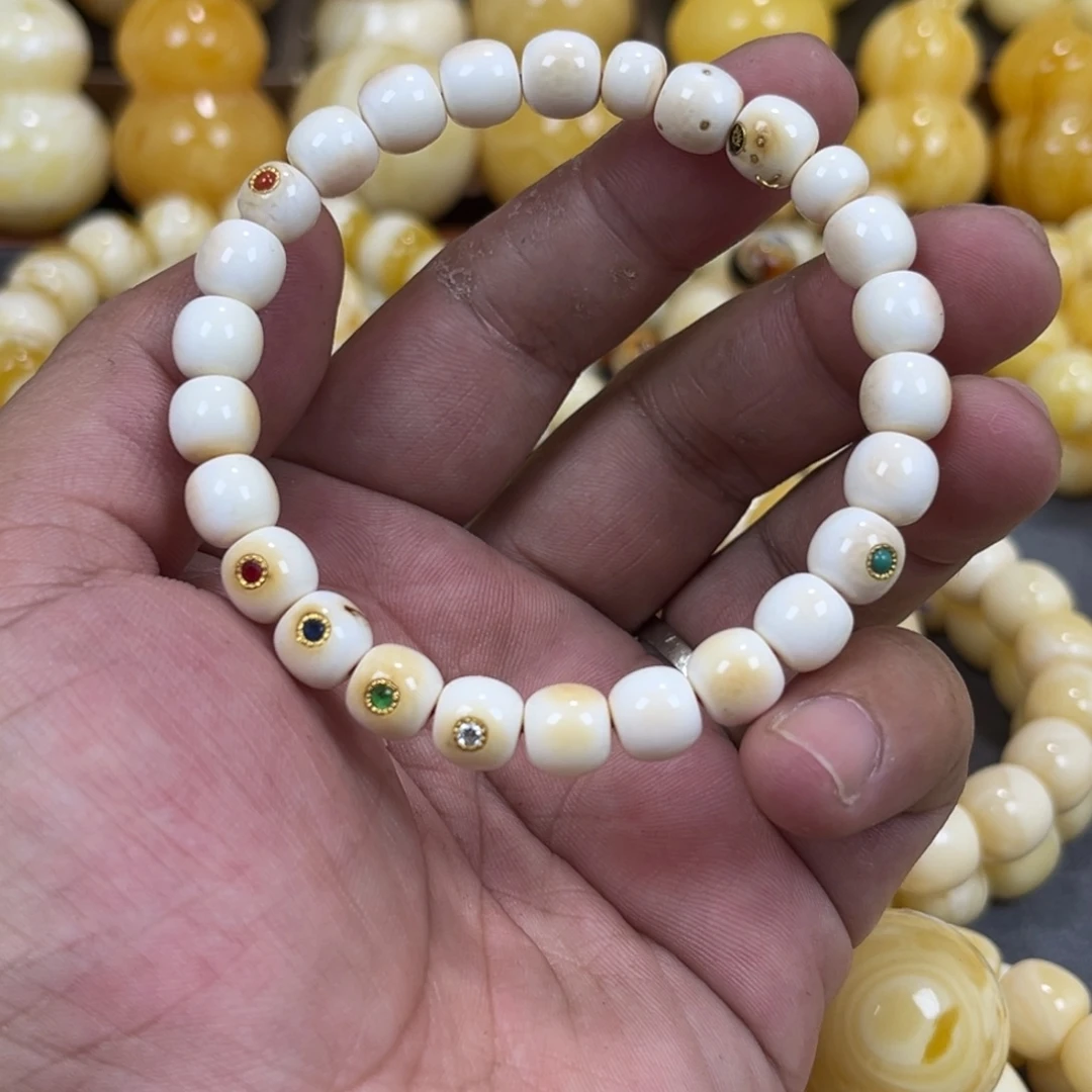 手串琥珀未镶嵌同料彩沁油漆白8mm