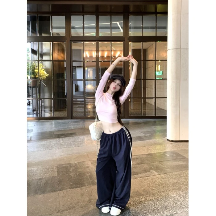 修身粉色圆领长袖正肩T恤女夏季七分袖短款上衣休闲长裤阔腿套装