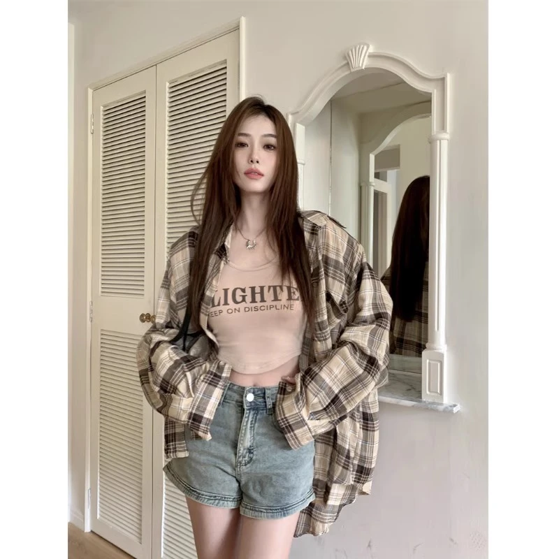 格子衬衫女秋季春秋开衫外套设计感小众衬衣女款法式棉麻上衣秋装