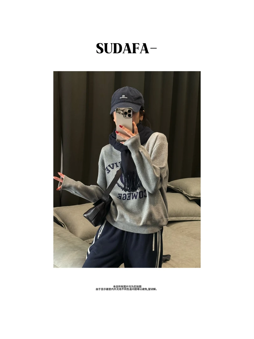 SUDAFA-【美式调性】秋冬美式复古圆领字母长袖针织毛衣WY25002