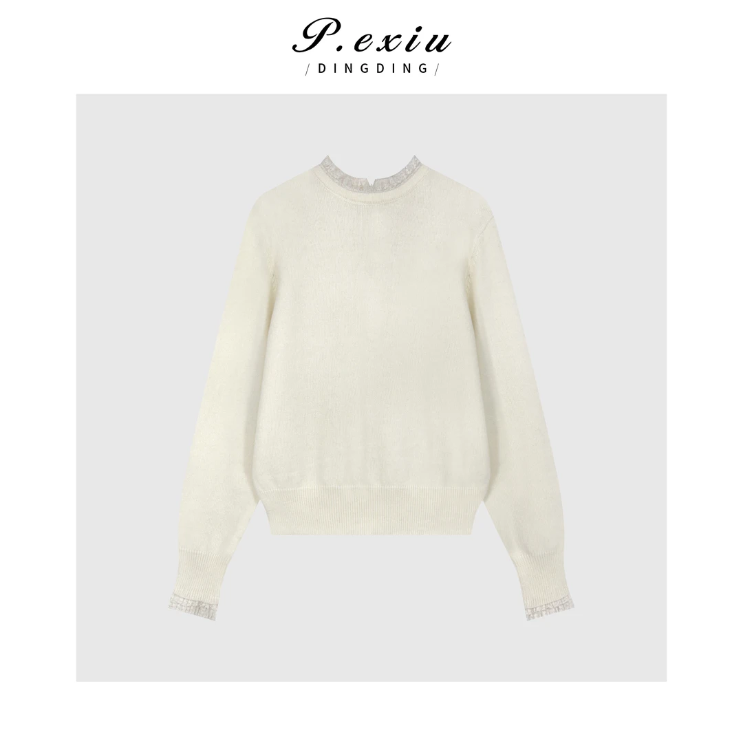 兔绒人丝法式气质蕾丝拼接软糯长袖针织上衣ZZ1110