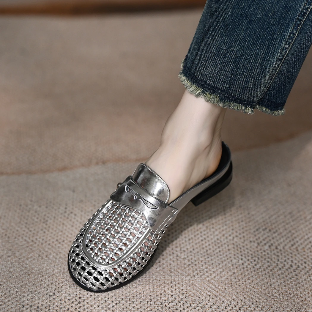 编织包头拖女2025新款懒人外穿真皮镂空低粗跟银色凉拖鞋