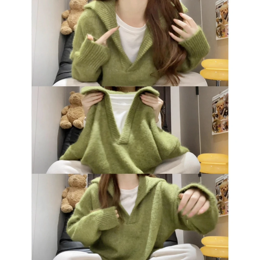 费尔岛绿色v领针织毛衣女秋冬季2025新款慵懒高级感外穿内搭上衣