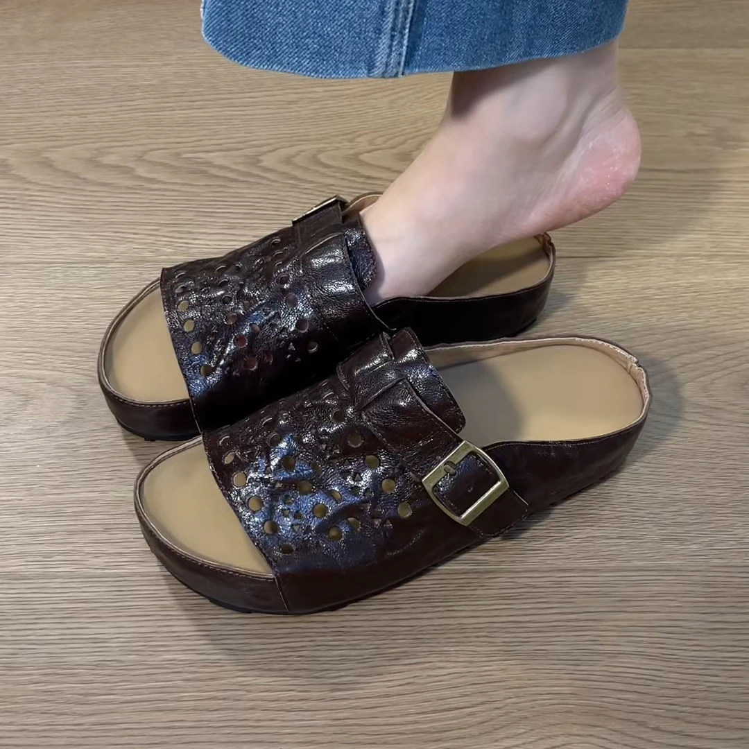 2025年夏季新款头层羊皮露趾勃肯拖鞋小众设计厚底镂空皮带扣半拖