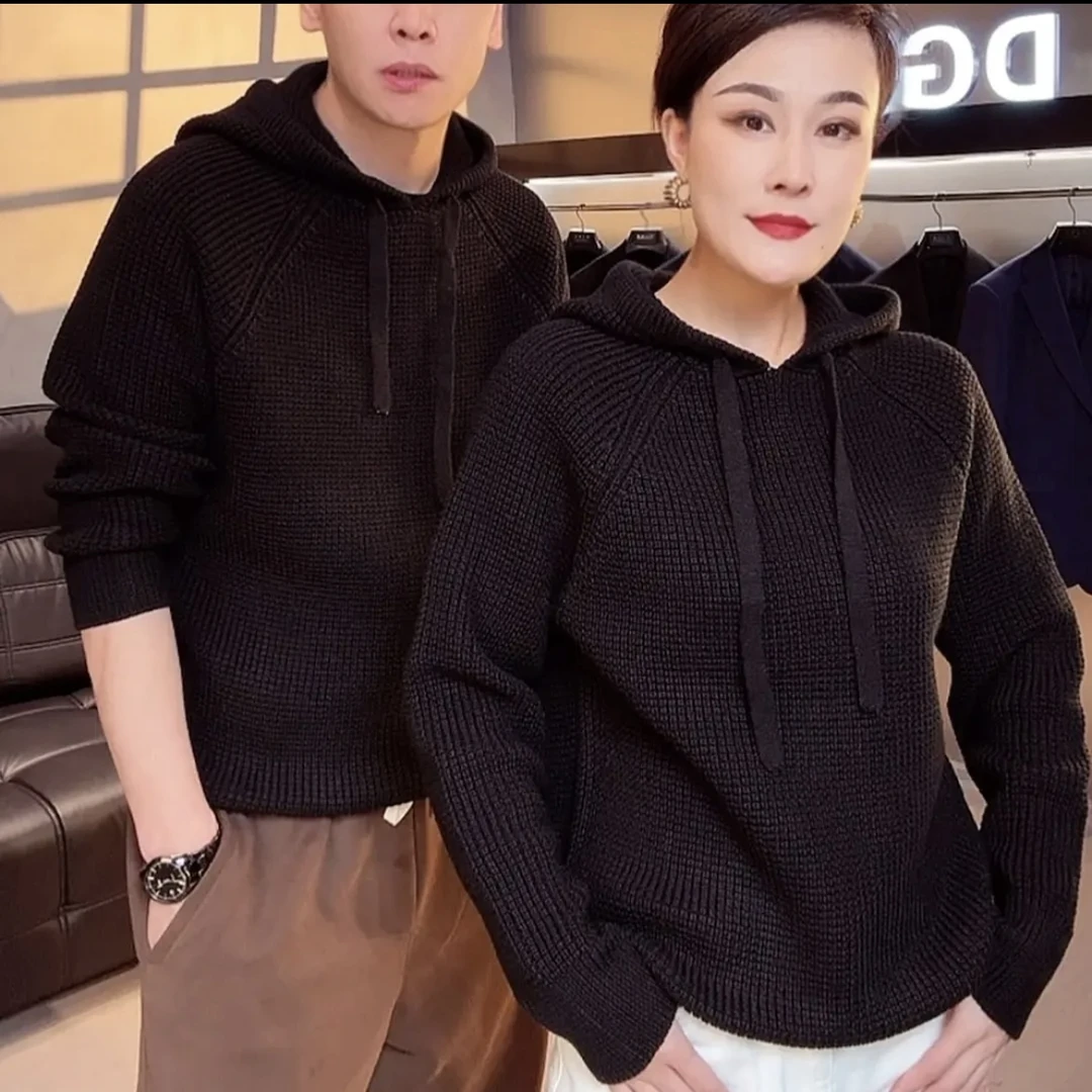 羊毛重工菠萝花针织帽衫男女同款卫衣百搭弹力休闲抽绳宽松羊毛衫