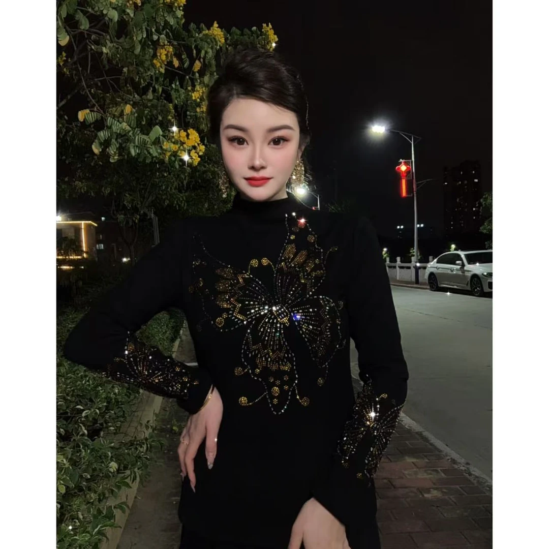 【Y爆款825#加绒】打底衫女内搭秋冬时尚烫钻上衣修身显瘦T恤
