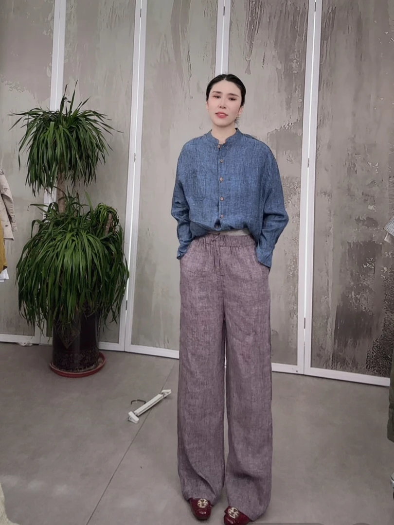 （色织紫）新款砂洗汉麻百搭显瘦纯色直筒长裤女 XHH 55878