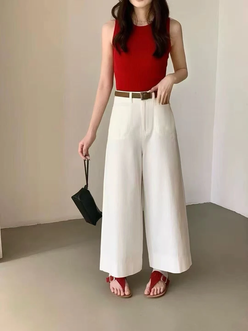 582508秋款中腰垂感九分直筒阔腿裤