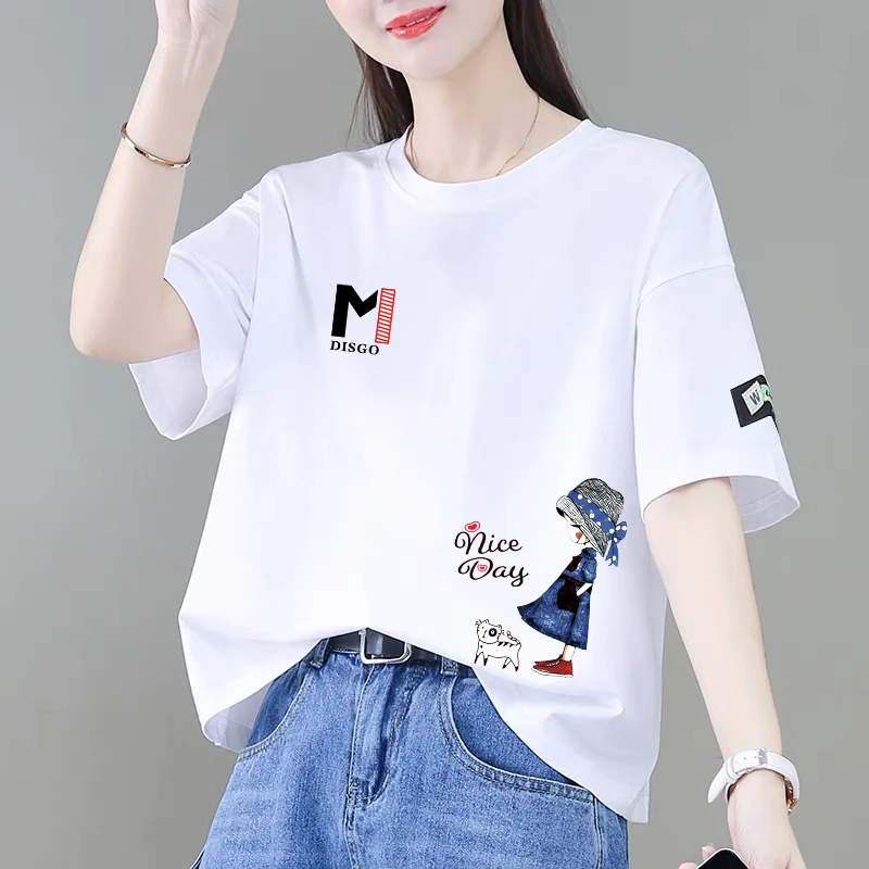 100%纯棉短袖t恤女夏季新款韩版宽松显瘦遮肚百搭减龄时尚上衣ins