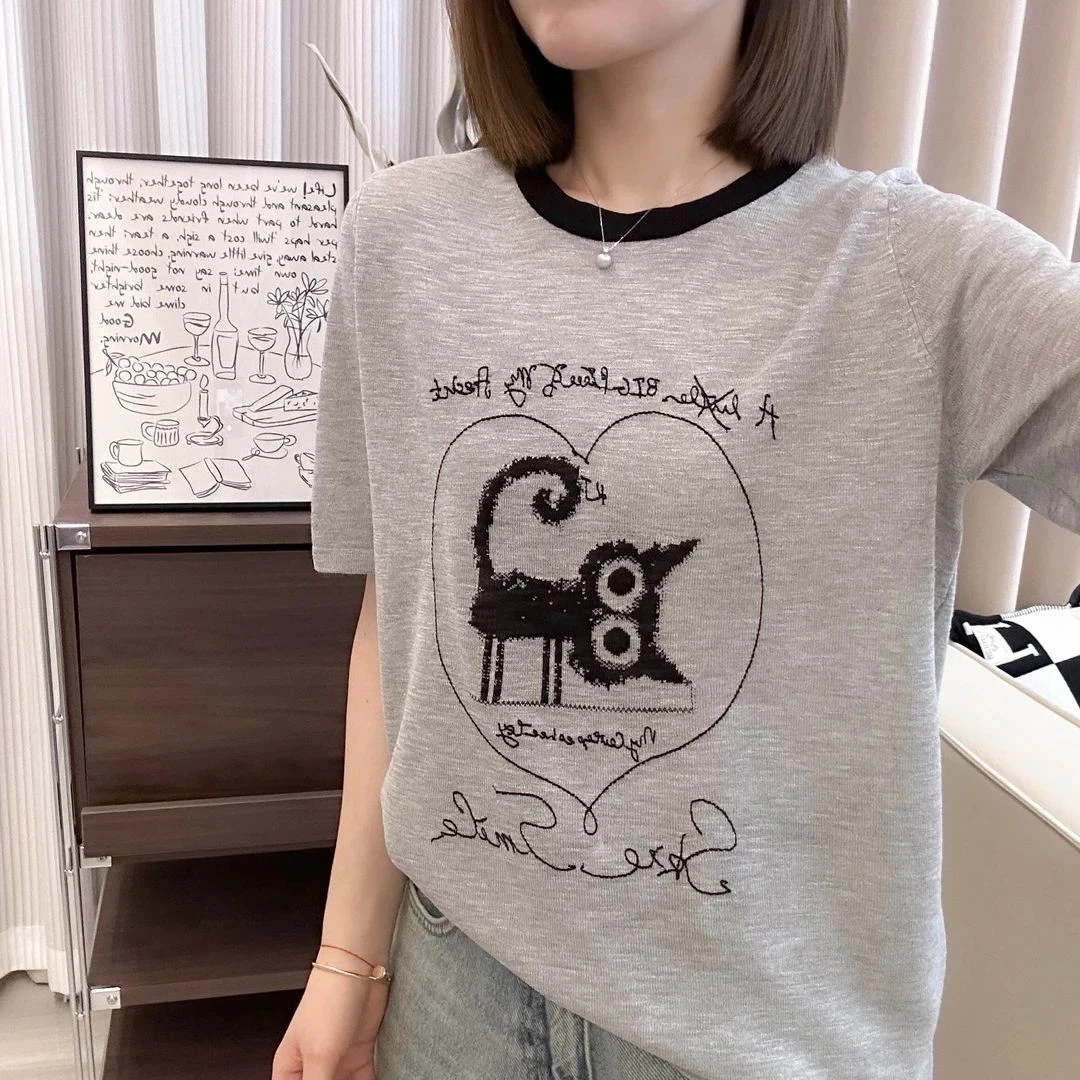 小猫减龄薄款冰丝针织衫女2025新款短袖夏季t恤大码女装胖MM上衣