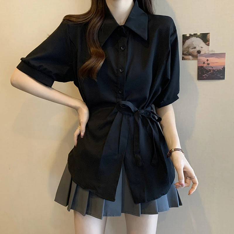 大码女夏季法式中长款收腰短袖衬衫胖mm显瘦遮肚藏肉上衣半袖