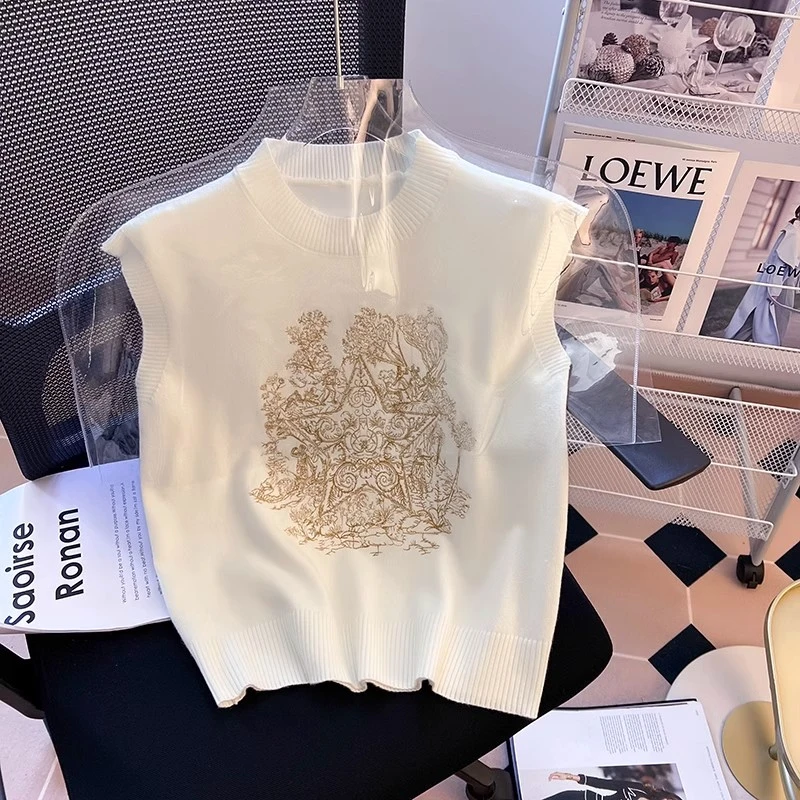 运补~针织马甲背心毛衣女夏季新款韩版减龄百搭小香风刺绣圆领上