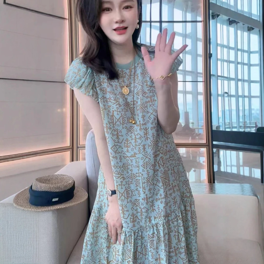 nwy8393圆领符号印花气质连衣裙女2025夏季新款时尚百搭减龄裙子