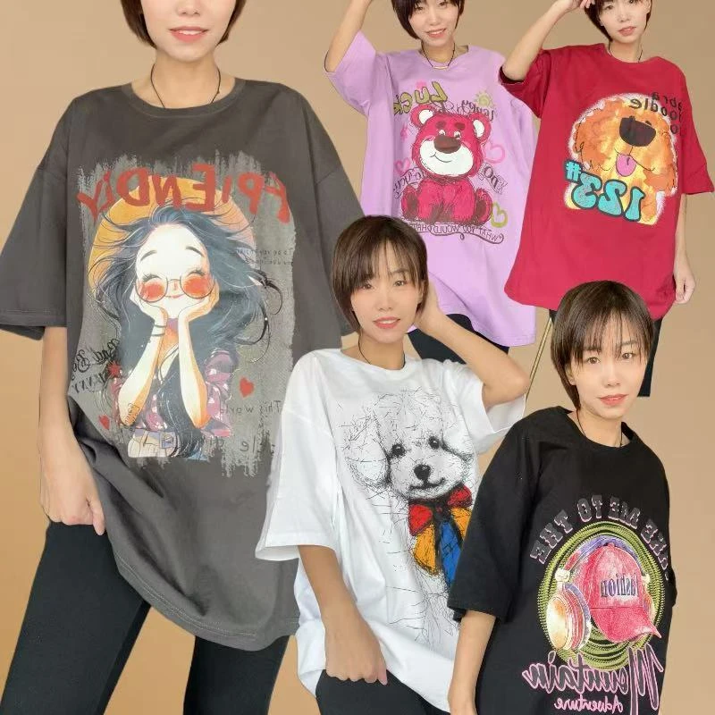 格润女士夏季纯棉大落肩T恤百搭宽松圆领印花大版半袖韩版t恤