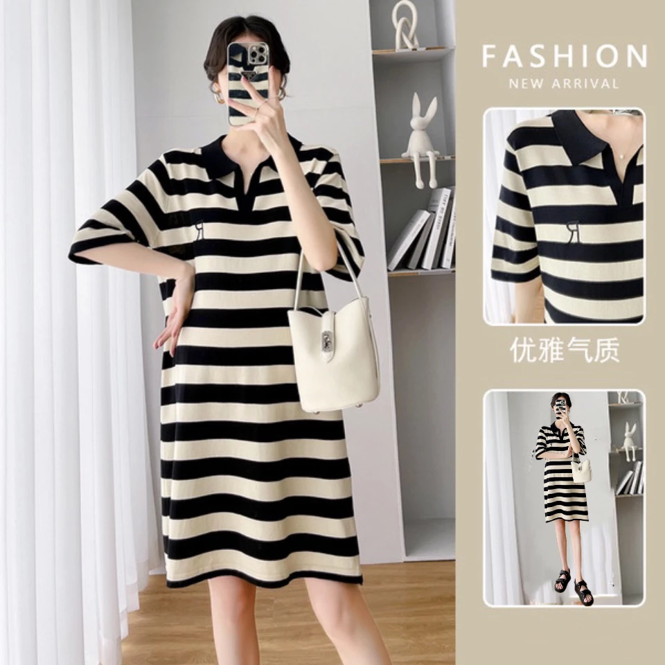 孕妇装夏季条纹连衣裙宽松显瘦中长款短袖时尚遮肚子裙子小个子