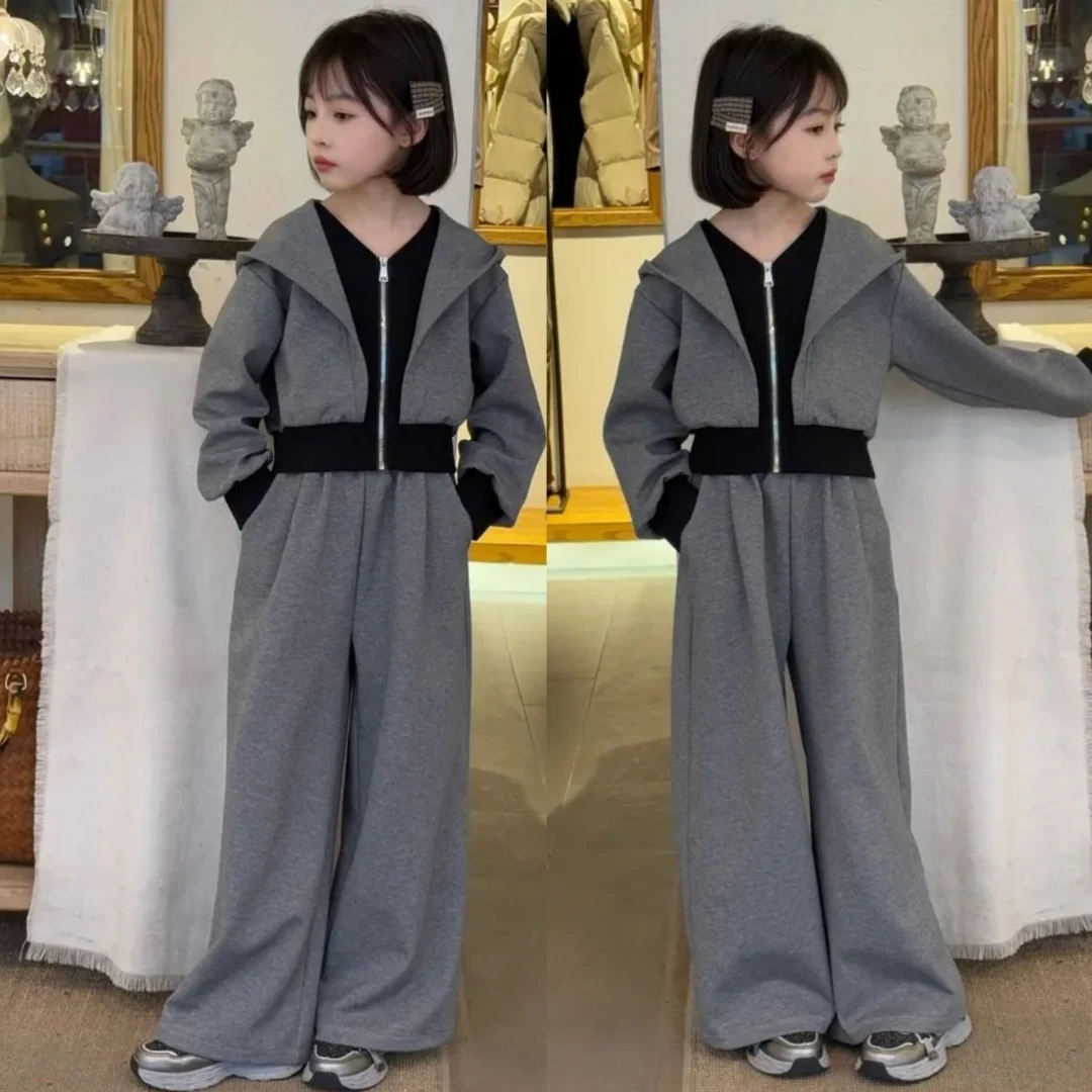欧货个性时髦休闲运动拼接假两件套装女童2025春秋连帽开衫阔腿裤