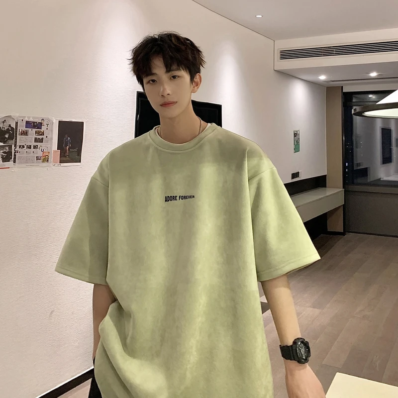 薄荷曼波仿麂皮绒重磅300g短袖t恤男夏季美式潮牌宽松五分半中袖