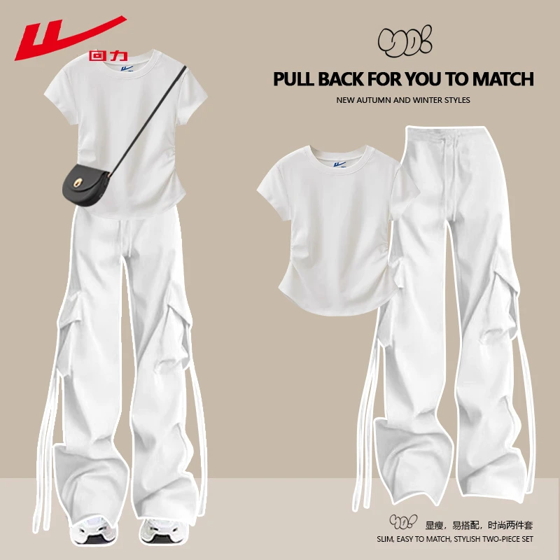 回力日常穿搭女纯棉短袖t恤夏季欧美风夏装工装裤多巴胺两件套装