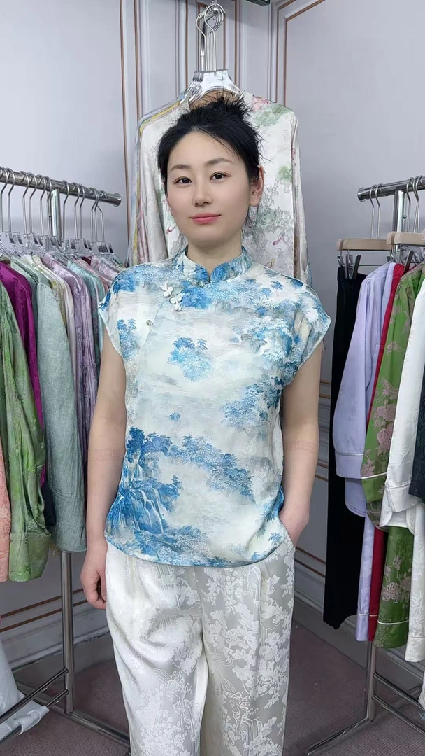 【水墨蓝山】新中式国风时尚女装减龄水墨画香云纱夏季改良短袖上衣