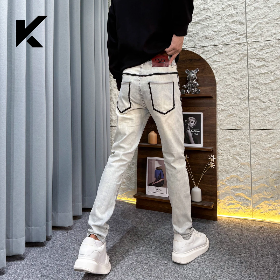 秋季新款美式潮流时尚休闲百搭手绘涂料弹力修身小脚牛仔长裤男士