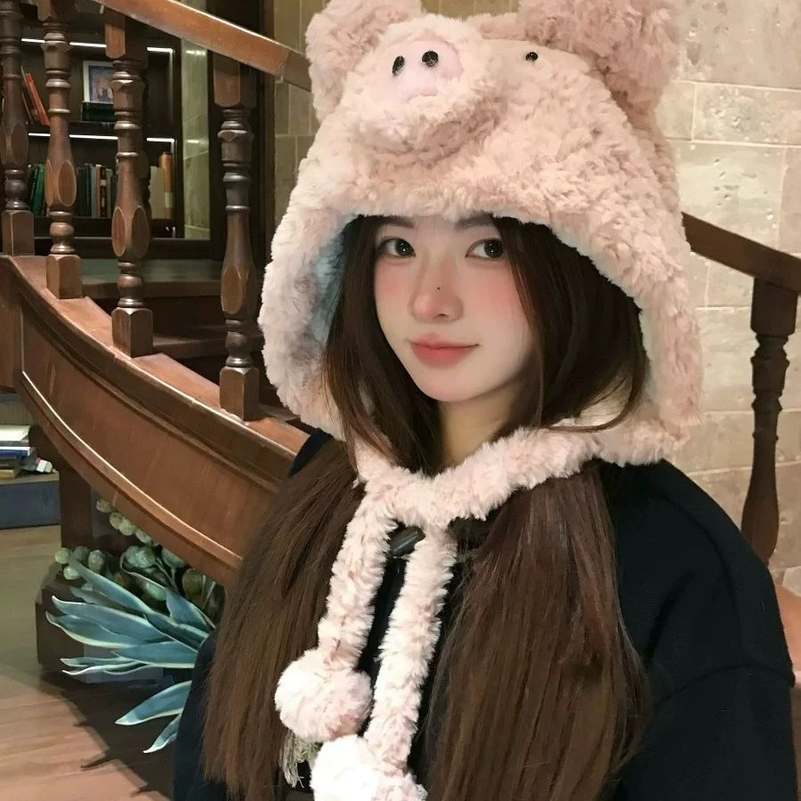 2024新毛茸茸卡通可爱小猪帽子秋冬季保暖防寒加绒包头帽加厚款t