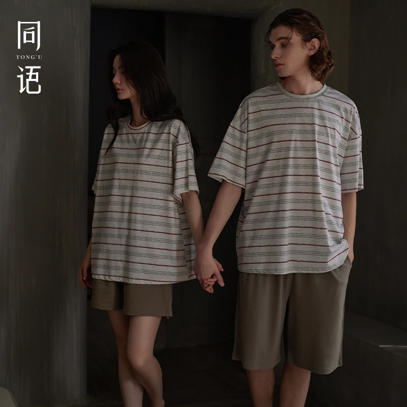 同语25年情侣睡衣女款夏季新款凉感纯棉短袖条纹睡衣套装男家居服