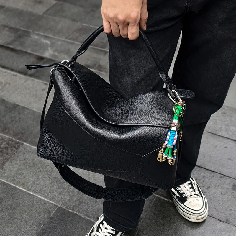 【大号】几何二代男士单肩包潮流手拎手提包荔枝纹黑色休闲皮包