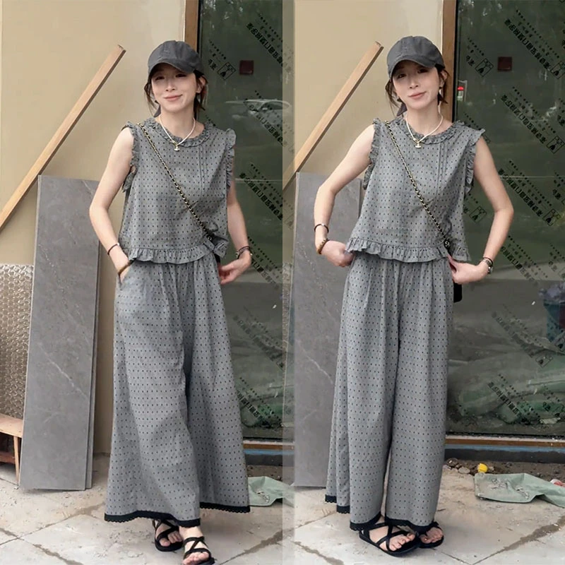 夏装搭配一整套小个子显瘦穿搭无袖波点上衣阔腿裤时尚减龄两件套