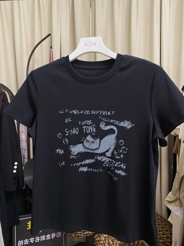 南油高品质2025夏季新款钉珠猫咪印花T恤女短袖